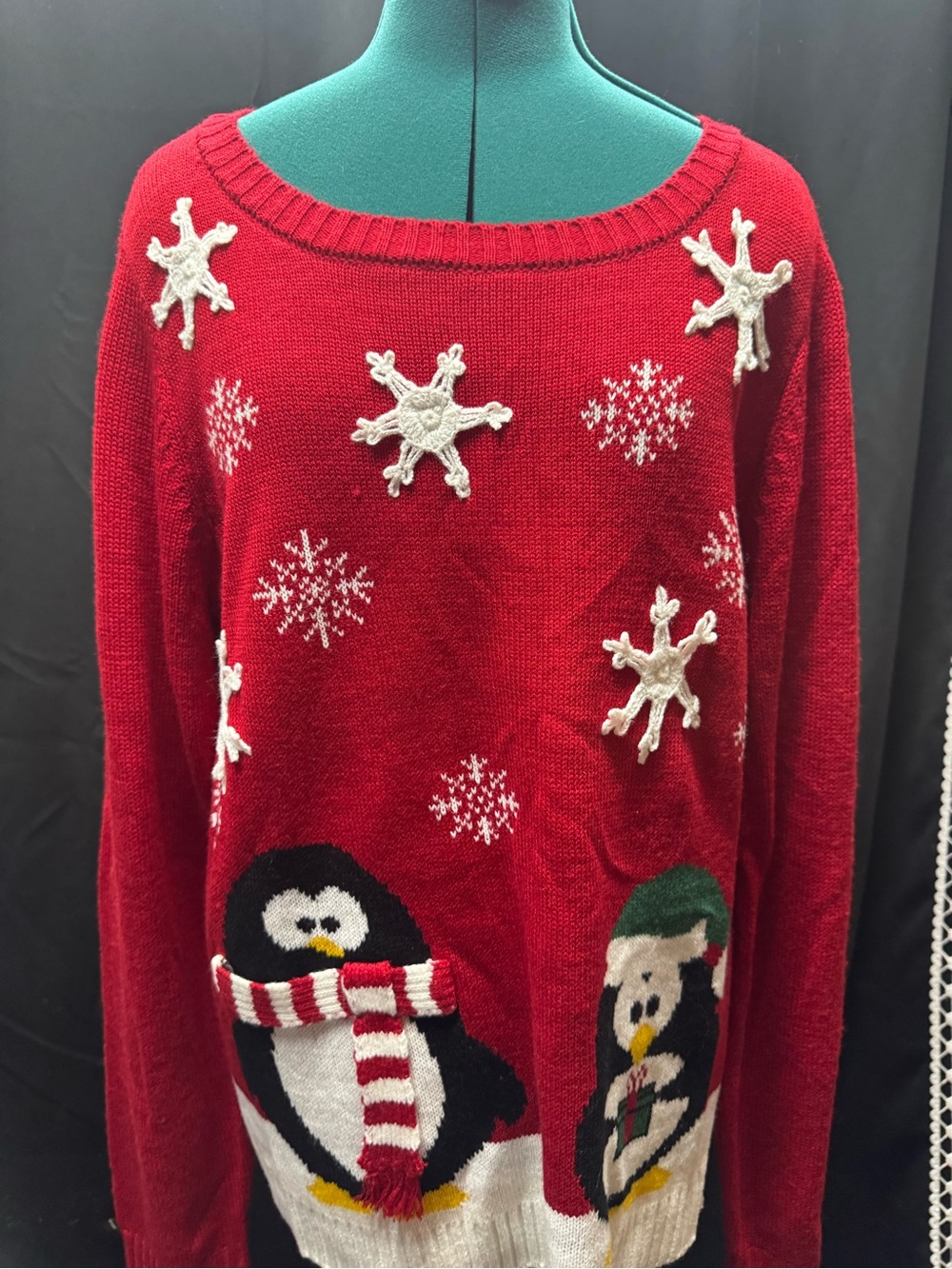 Karen Scott Red Holiday Penguin Sweater with White Snowflakes